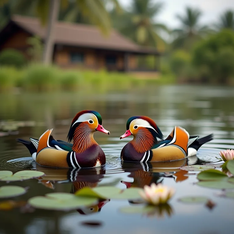 Raças de patos ornamentais: Mandarin e Carolina.