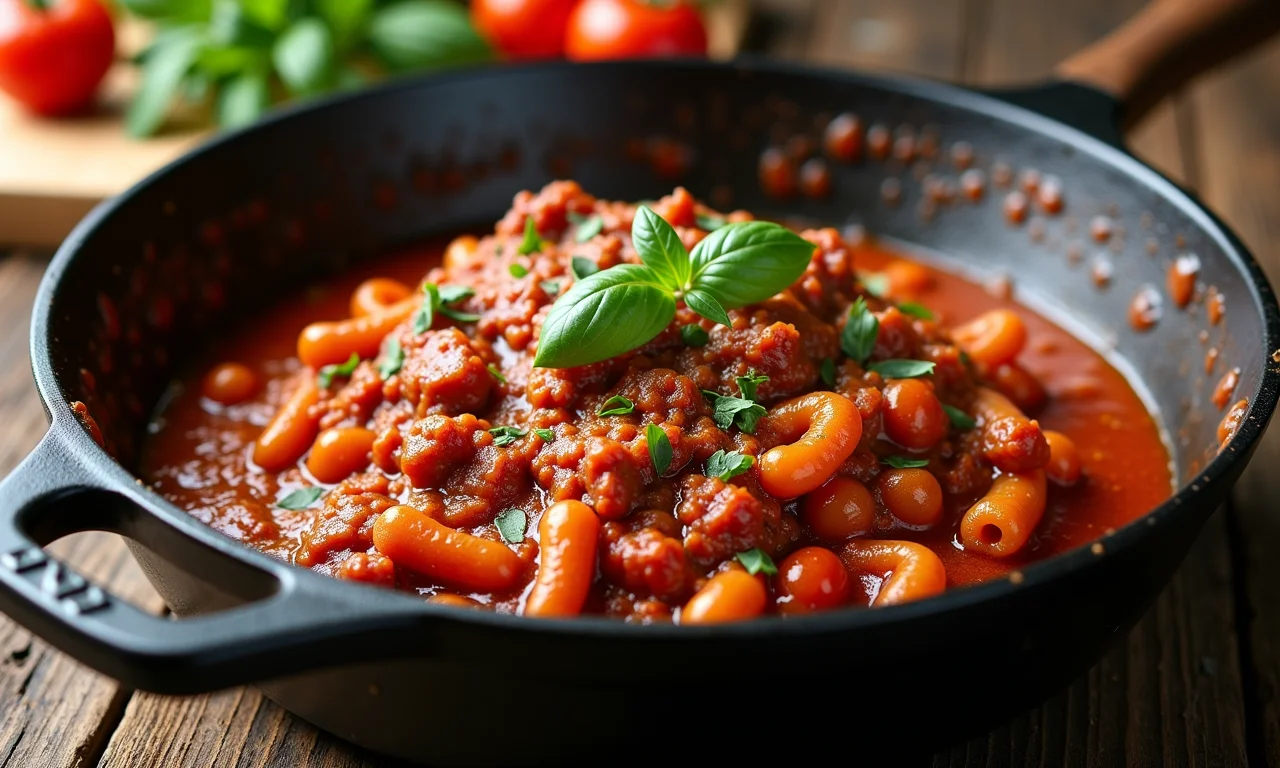 Ragu à bolonhesa caseiro borbulhando em uma panela de ferro.