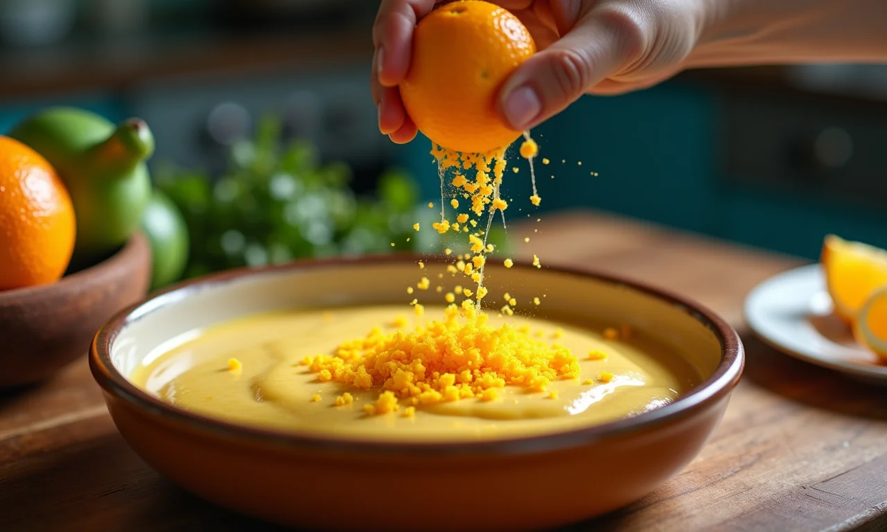 Raspando raspas de laranja na massa do bolo formigueiro.