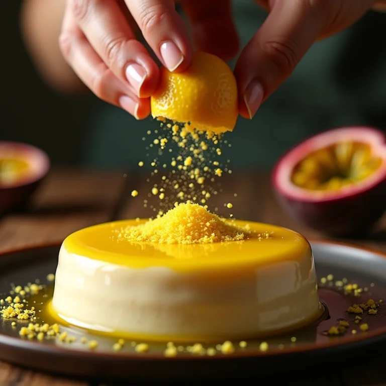 Raspas de limão siciliano sobre mousse de maracujá.