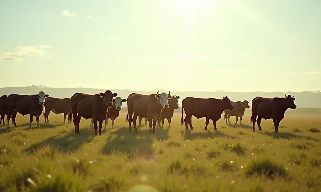 Rebanho diverso pastando em campo ensolarado no Brasil.