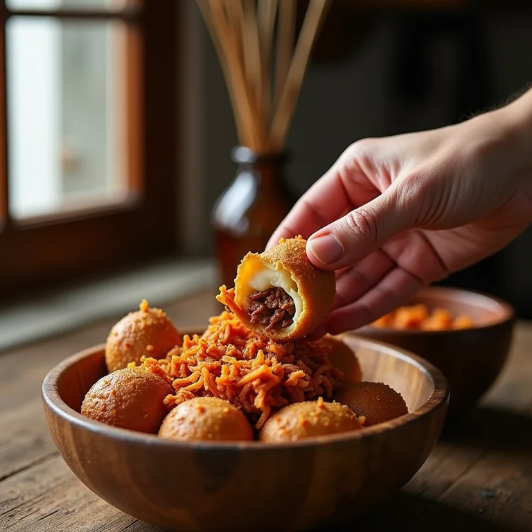 Recheando pães de queijo com carne seca.