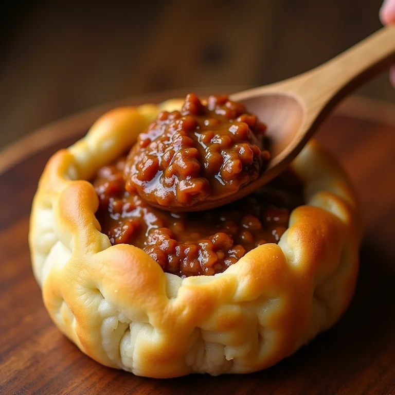Recheio cremoso de carne seca sendo colocado no pão de queijo