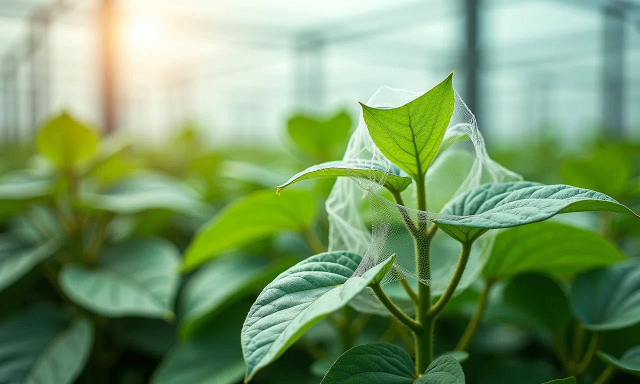 Rede de proteção cobrindo plantas de feijão caupi contra pragas.