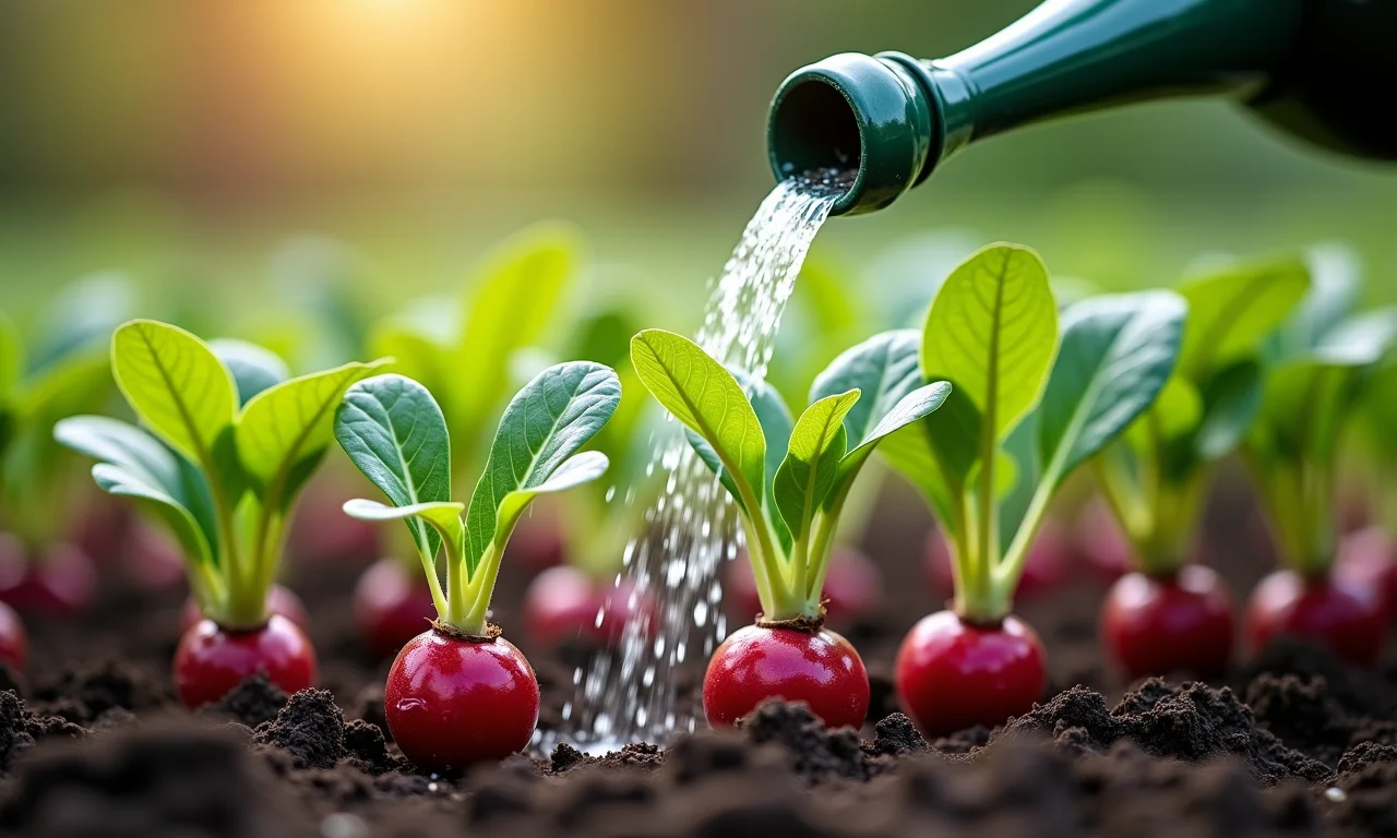 Rega suave de mudas de beterraba e rabanete recém-plantadas.