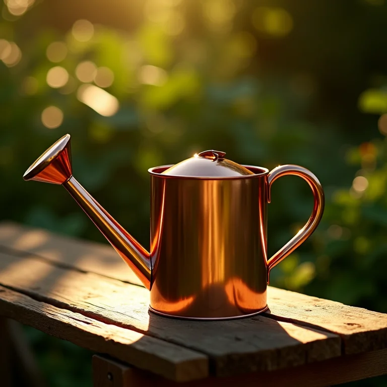 Regador de cobre em banco de madeira