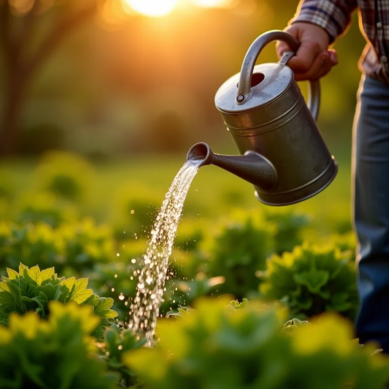 Regador de metal vintage molhando plantas.
