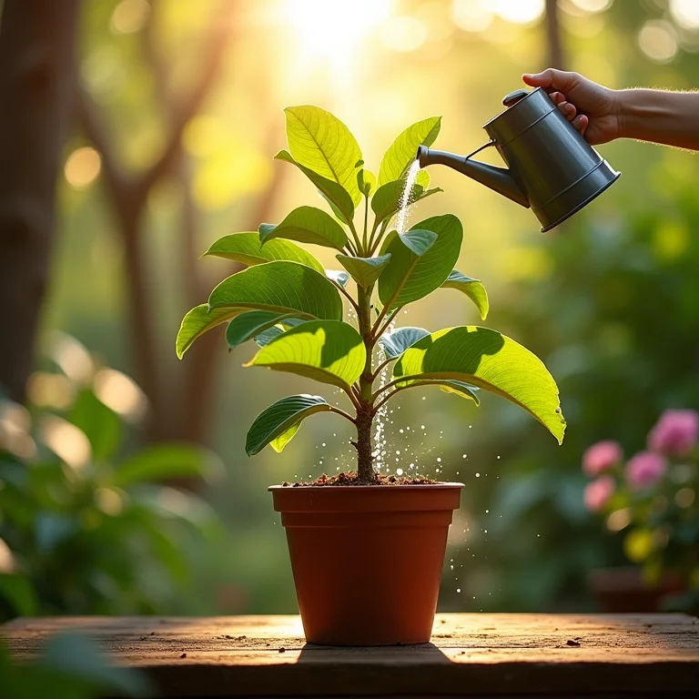 Regando pitangueira em vaso com regador