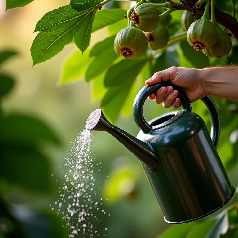 Regando uma figueira com um regador de zinco
