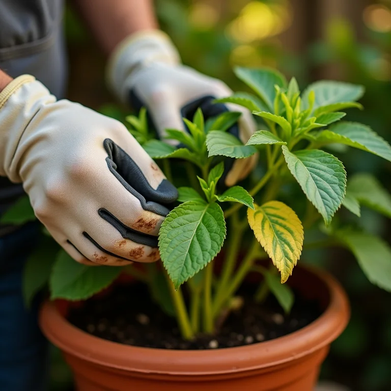 Removendo folhas amareladas e doentes de uma hortaliça.