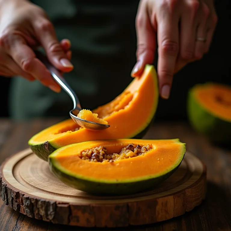 Retirada da polpa da mangaba com colher.
