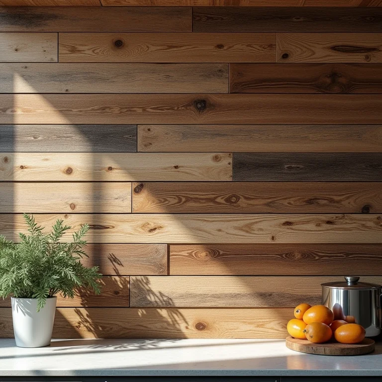 Revestimento de parede com madeira de demolição na cozinha