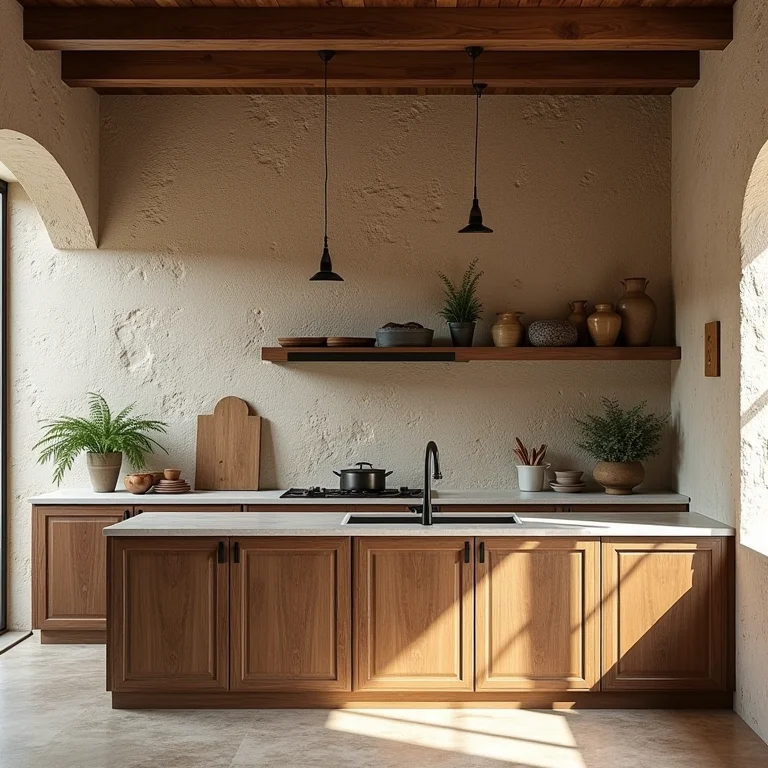 Revestimento de pedra natural em parede de cozinha rústica.