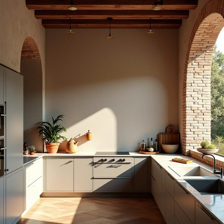 Revestimentos naturais em cozinha rústica: tijolinhos, pedras e cerâmica.