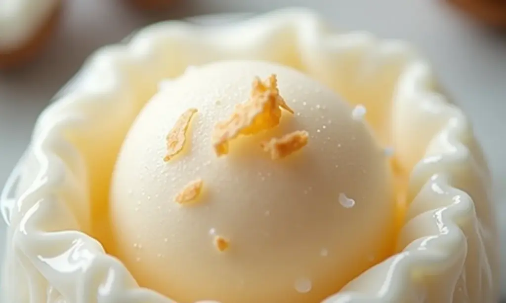 Sacolé de coco cremoso em saquinho transparente, pronto para consumo.