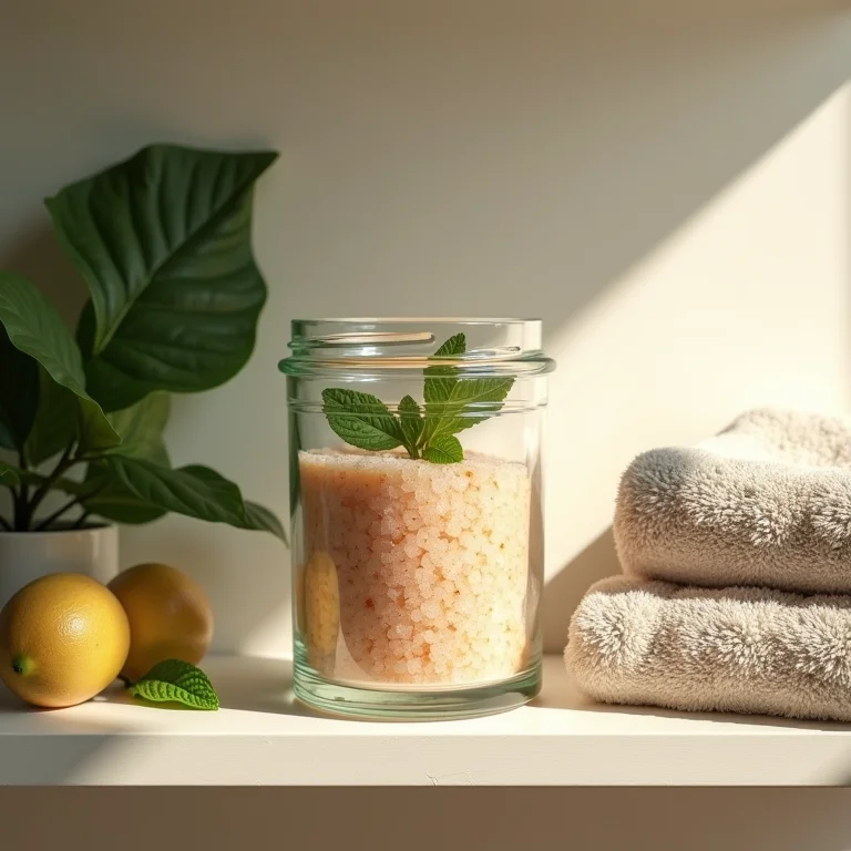 Sais de banho caseiros de goiaba e hortelã em um pote de vidro.