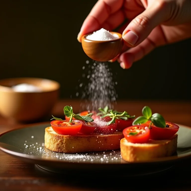 Sal e pimenta sendo temperados na bruschetta