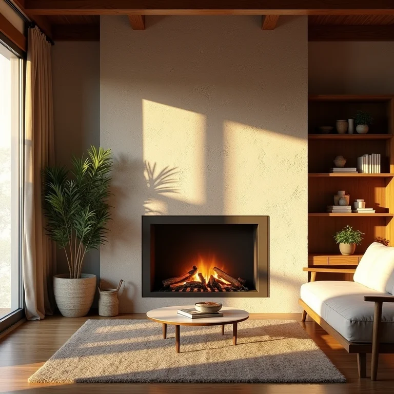 Sala de estar aconchegante com parede de textura rústica e lareira.