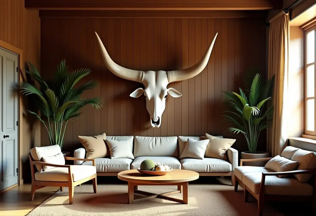 Sala de estar rústica com chifre de boi na parede