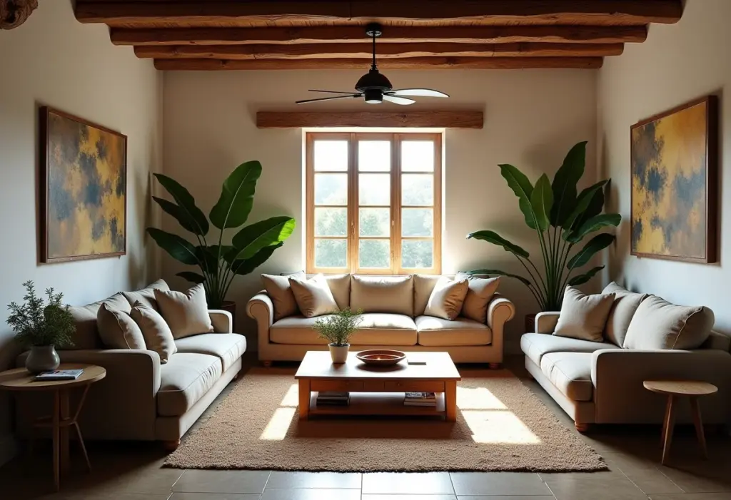 Sala de estar rústica com móveis decapé