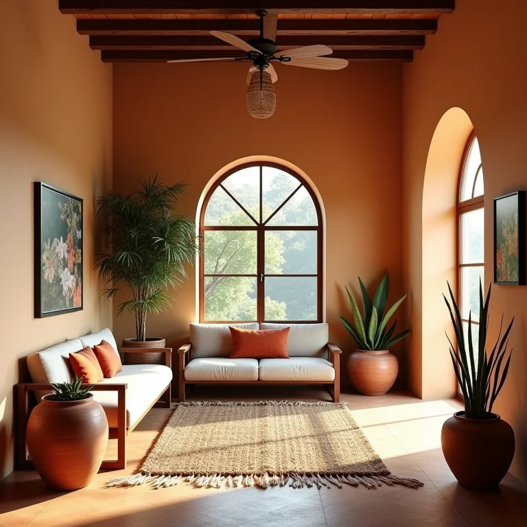 Sala rústica com cores da natureza e iluminação natural.