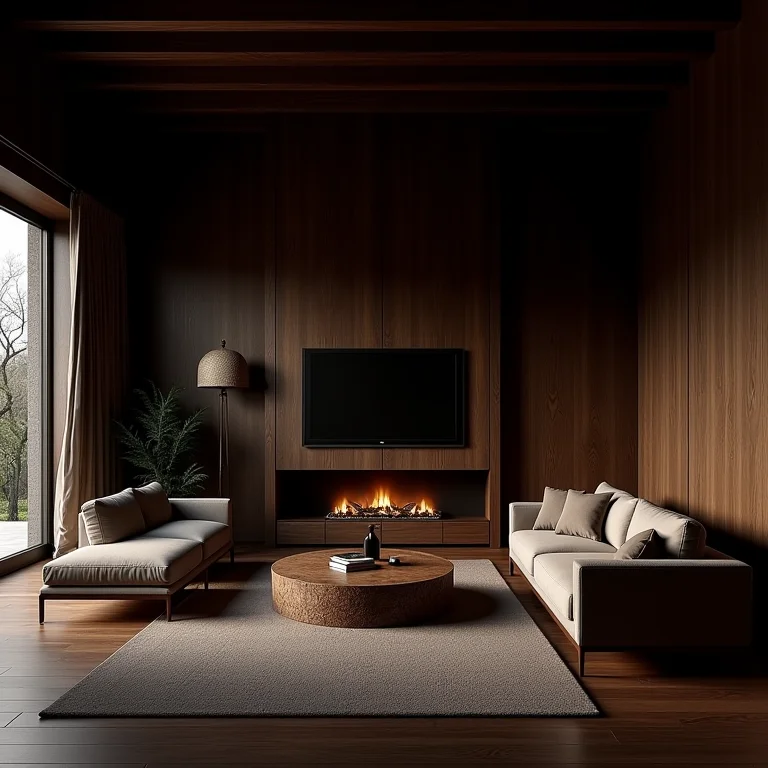 Sala rústica com excesso de madeira escura