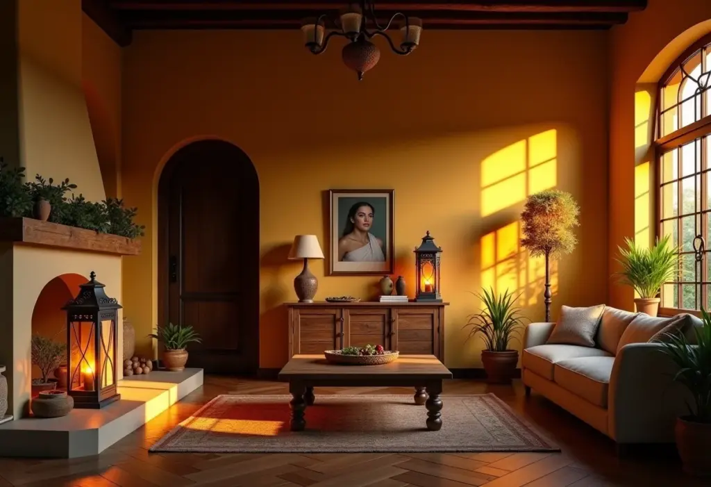 Sala rústica com iluminação colonial aconchegante