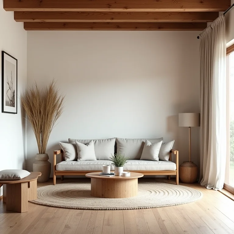 Sala rústica com poucos móveis e decoração minimalista