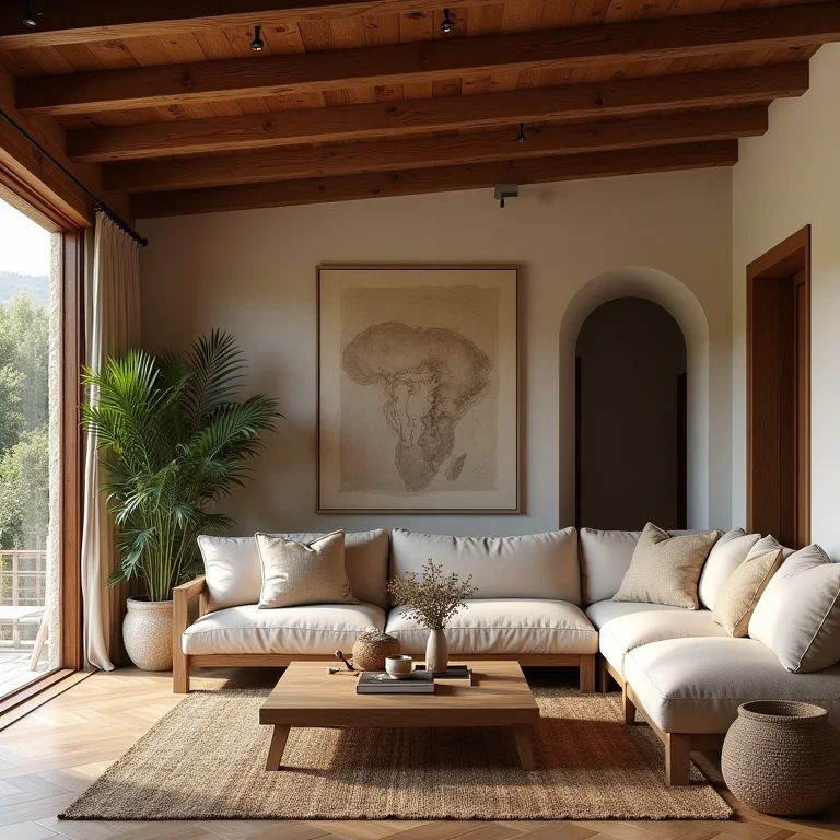 Sala rústica com sofás confortáveis e almofadas macias