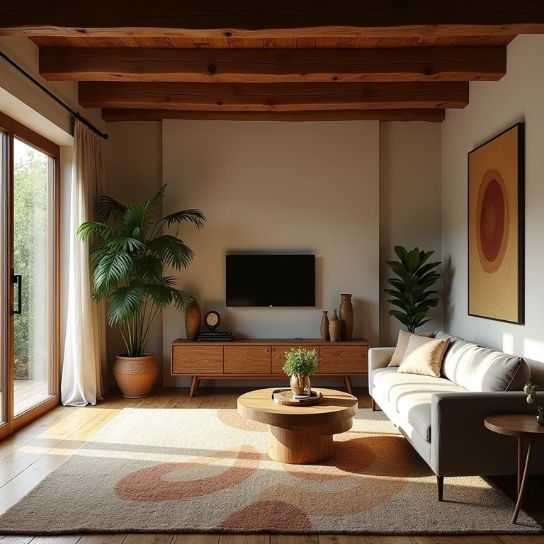 Sala rústica com tapete inadequado