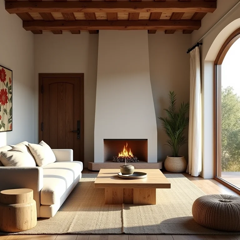 Sala rústica com tons terrosos e cores neutras