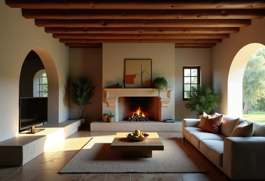 Sala rústica decorada com elementos naturais e aconchegantes