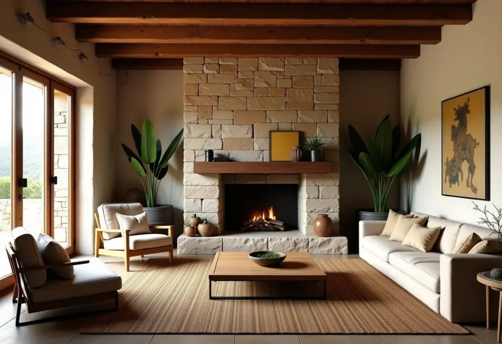 Sala rústica decorada com lareira de pedra e móveis de madeira