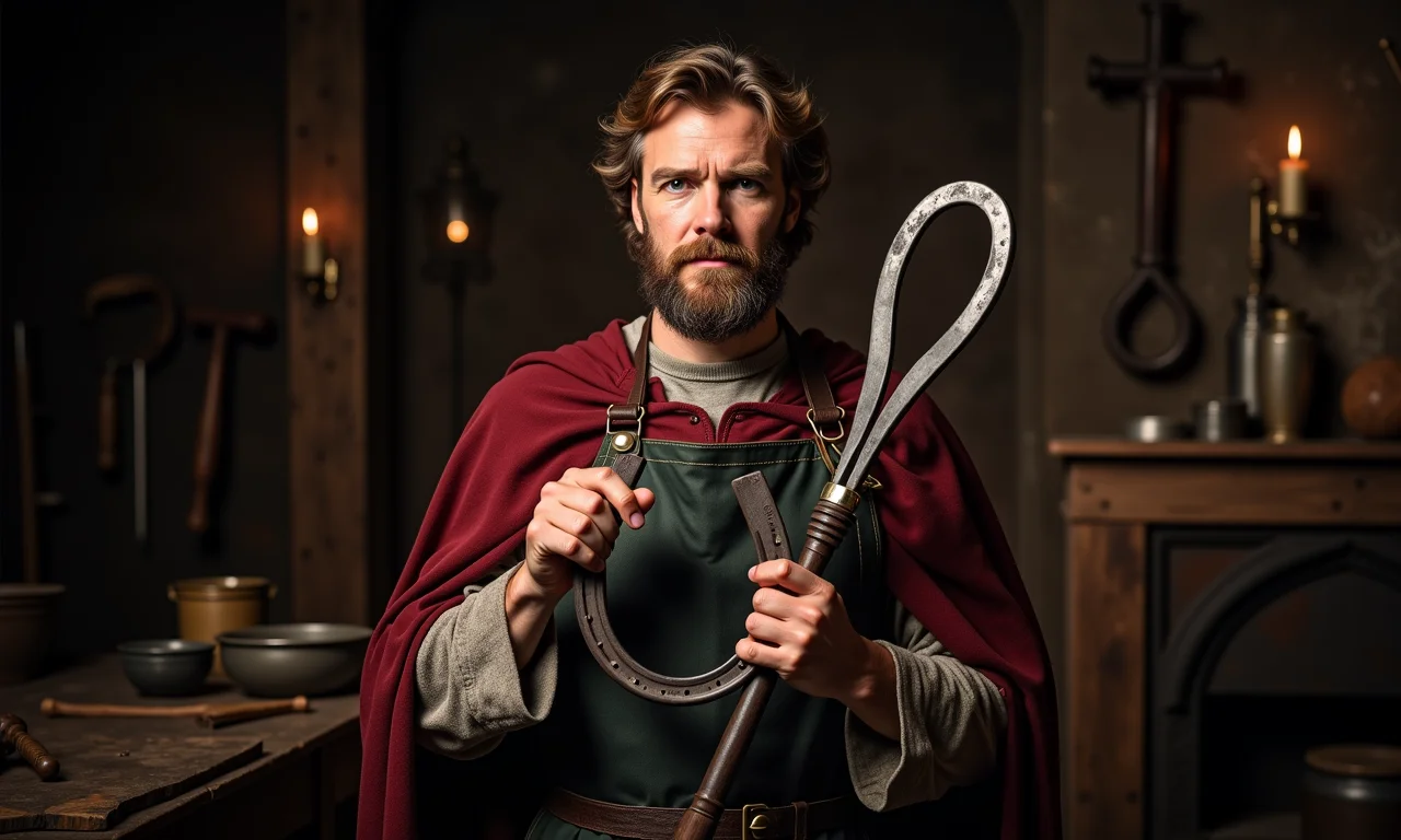 São Dunstan, ferreiro, segurando ferradura e tenazes.