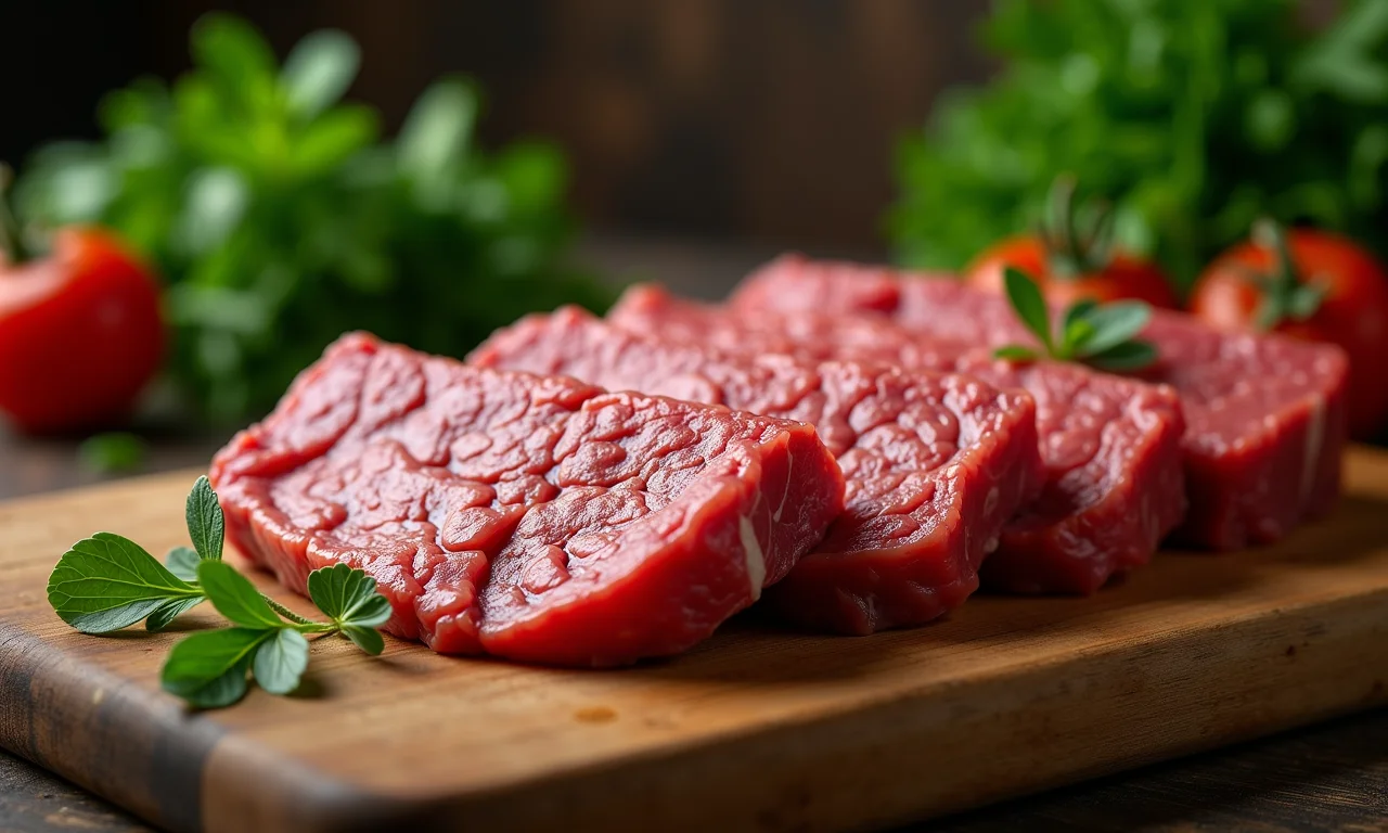 Seleção de carne moída fresca para almôndegas, com ervas aromáticas e detalhes de um açougue.