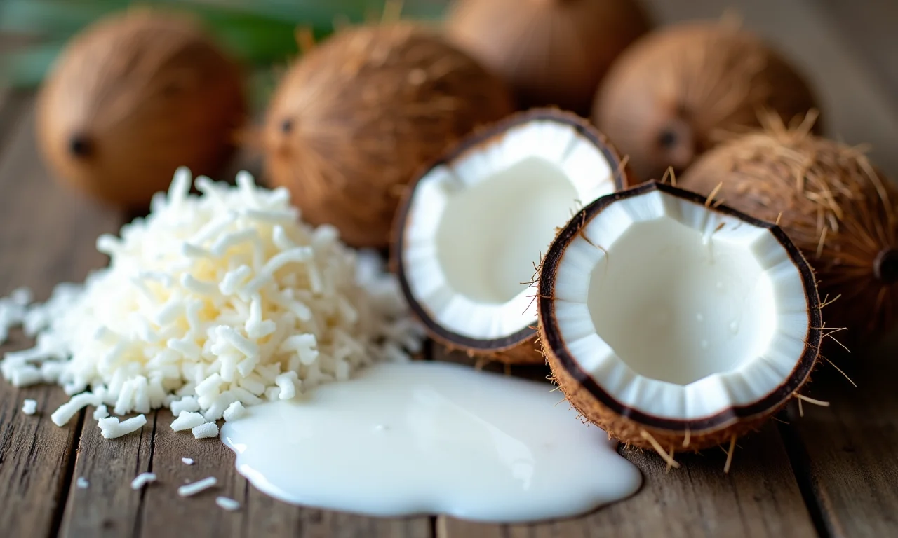 Seleção de cocos frescos abertos e ralados para o bolo.