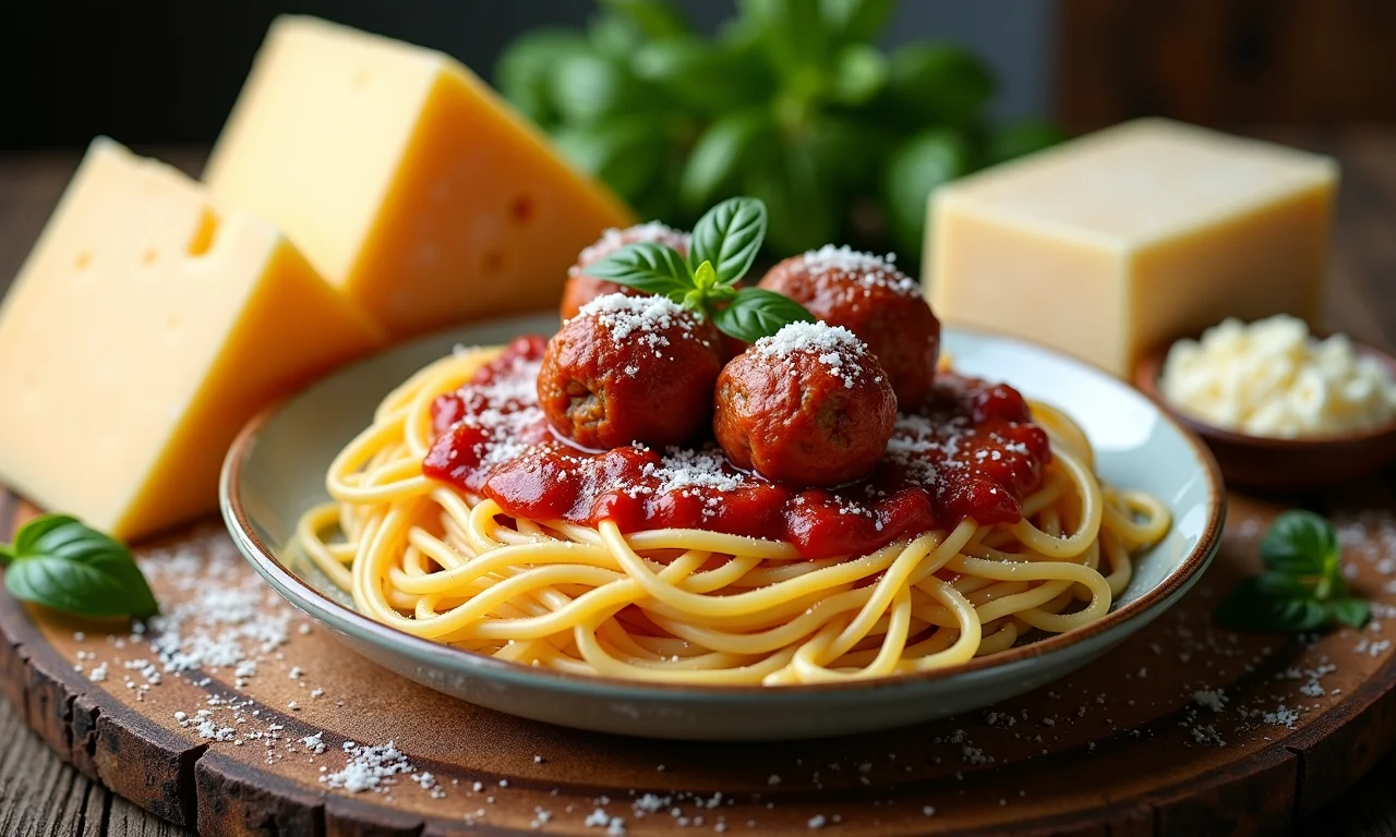 Seleção de diferentes tipos de queijo para espaguete com almôndegas, incluindo parmesão, pecorino e mussarela.