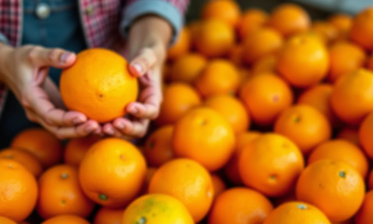 Seleção de laranjas maduras em feira de produtores brasileiros.