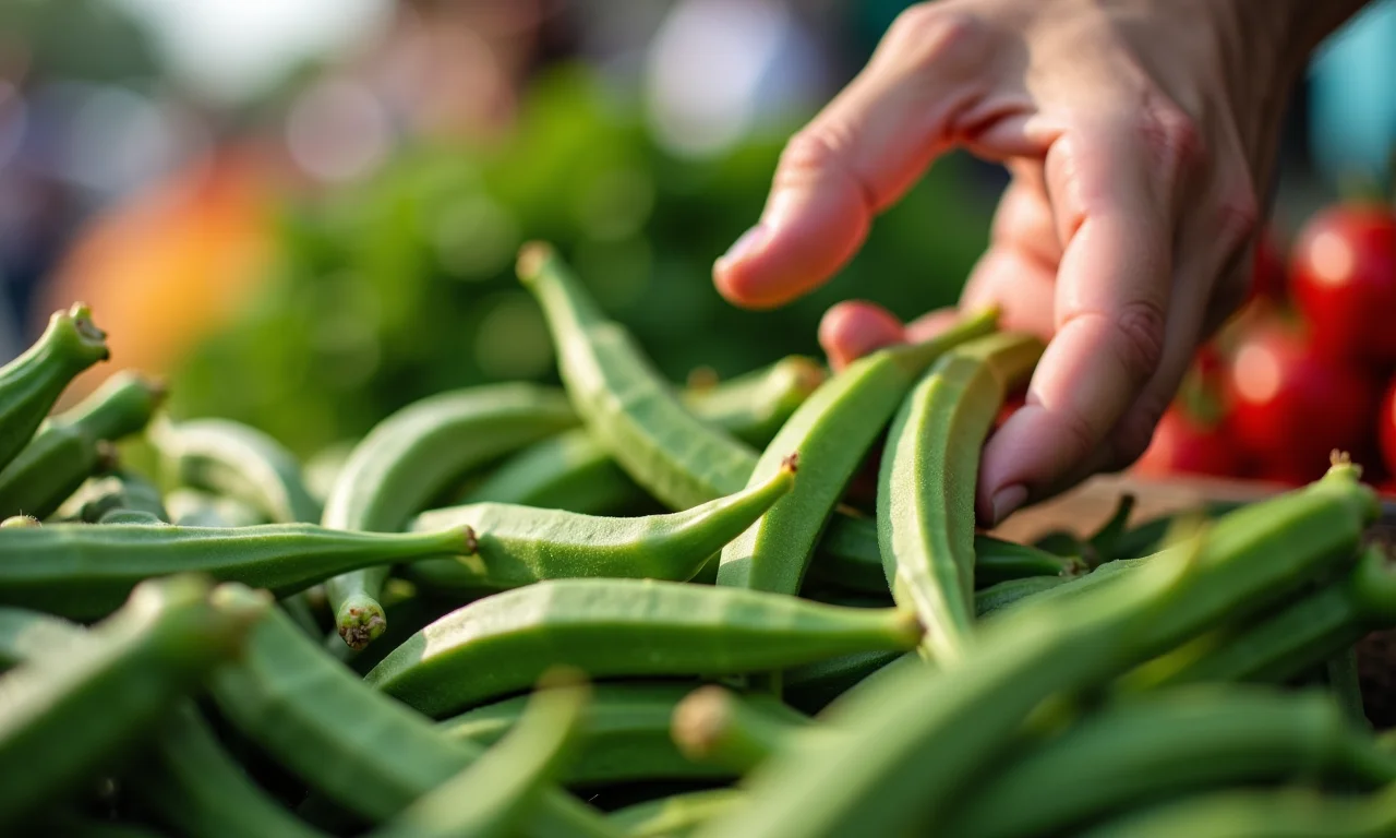 Seleção de quiabo fresco em feira livre.
