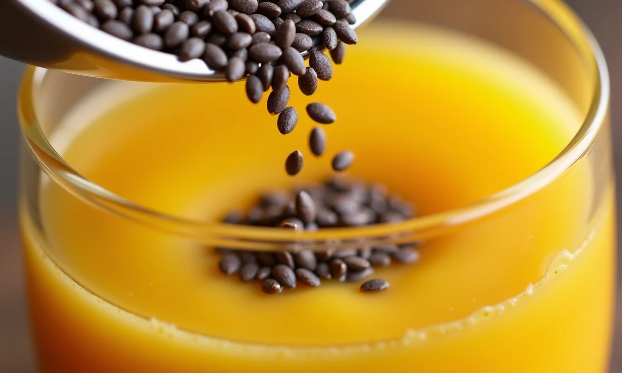 Sementes de chia sendo adicionadas ao suco de manga.