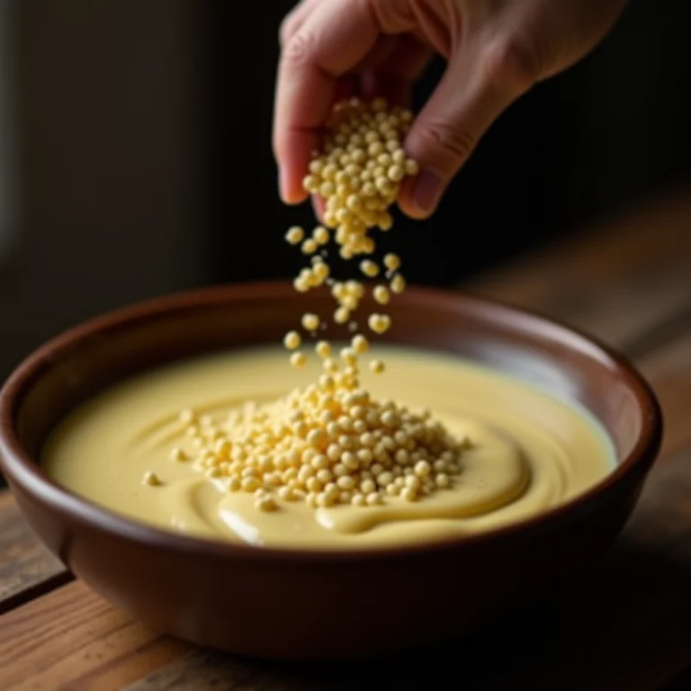 Sementes de erva-doce sendo adicionadas à massa do bolo.