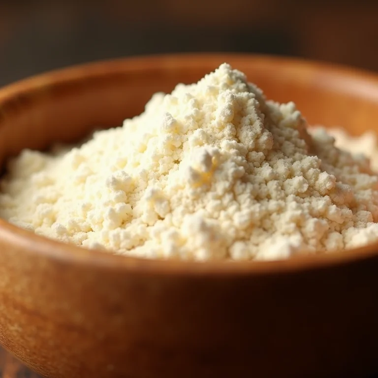 Sêmola de grano duro em um recipiente rústico de madeira.