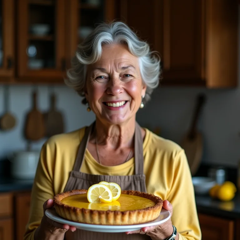 Senhora mineira servindo um pedaço de pavê de limão.