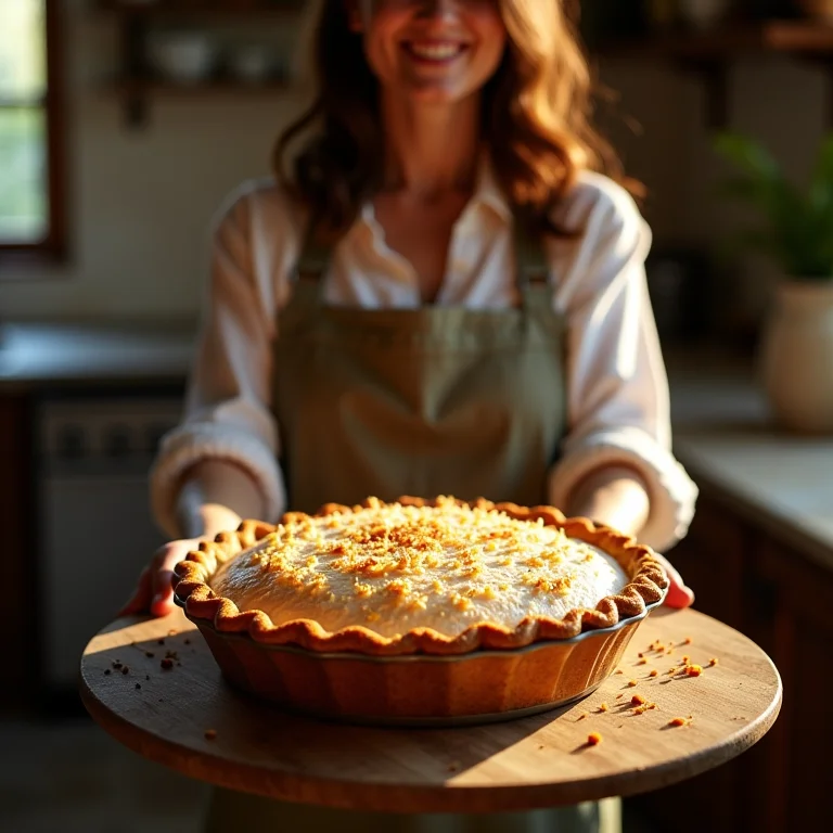 Servindo uma fatia de torta de coco cremosa.