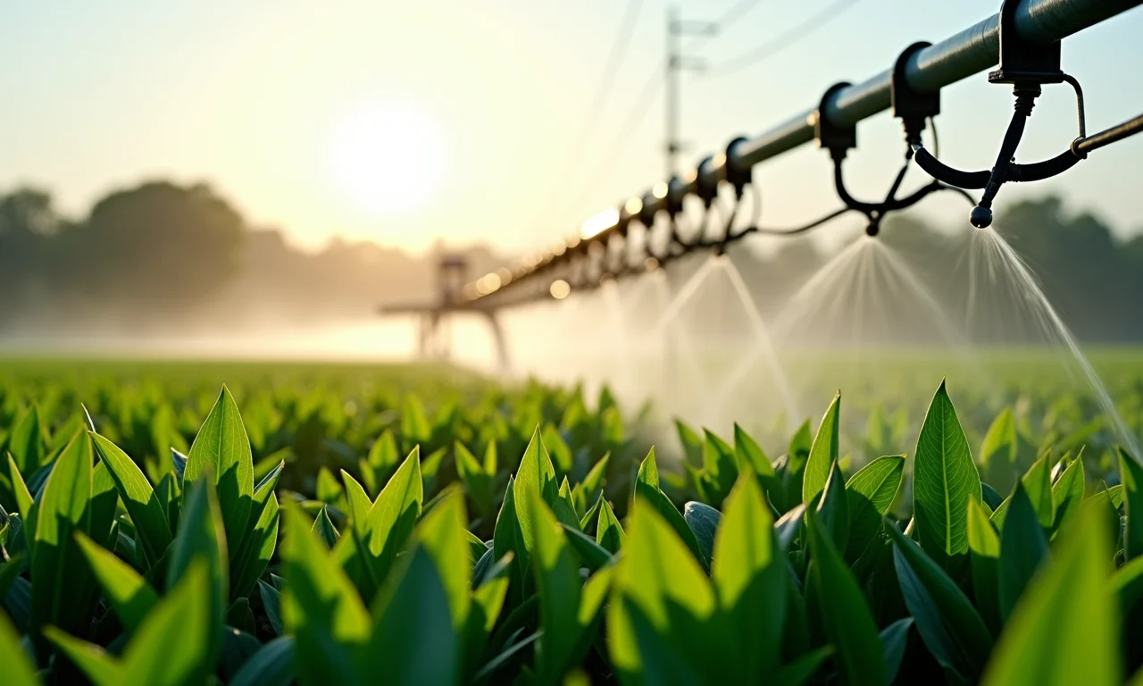 Sistema de irrigação em funcionamento em plantação de feijão caupi.