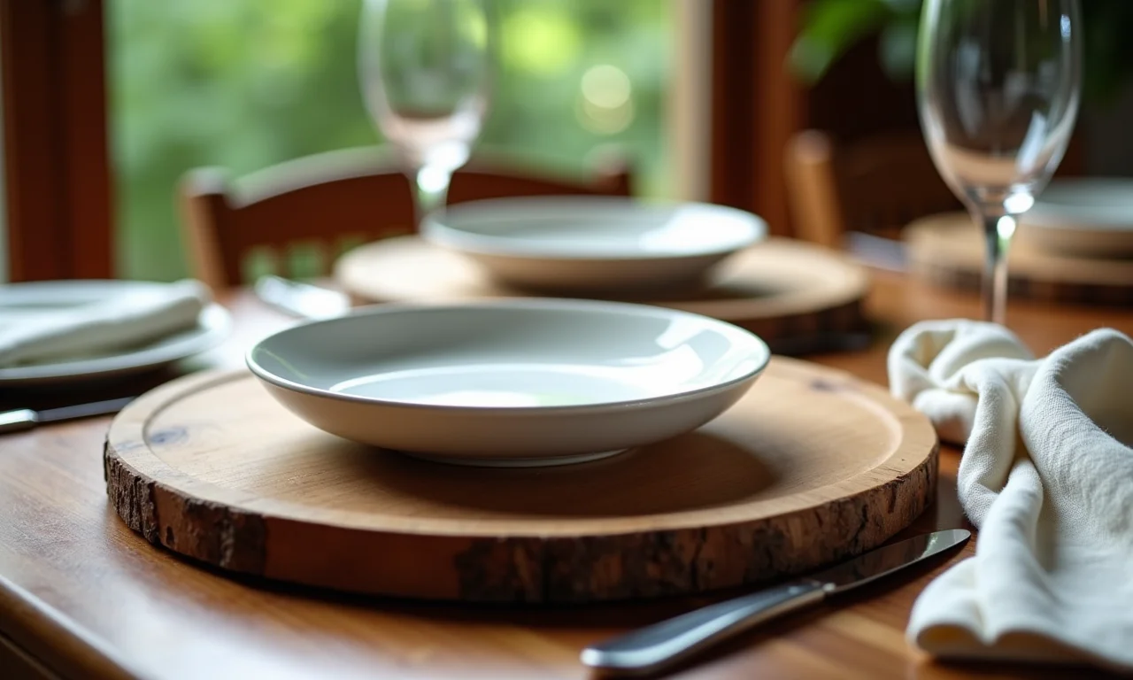 Sousplat de madeira rústica em mesa com pratos brancos e guardanapo de tecido.
