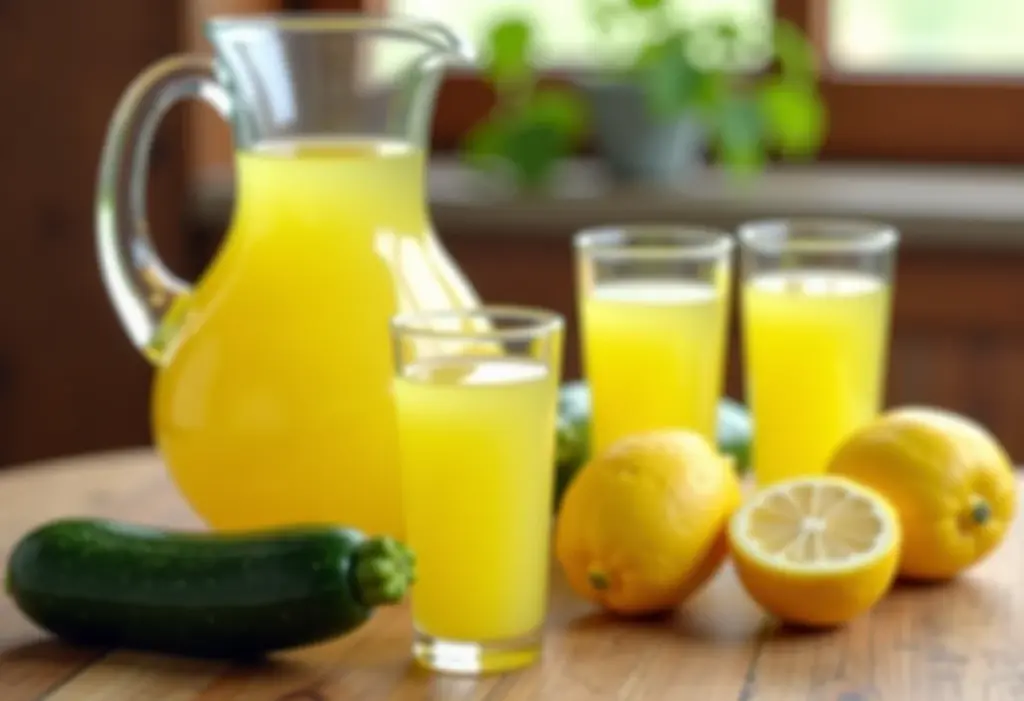 Suco de abobrinha com limão refrescante em mesa de madeira rústica.