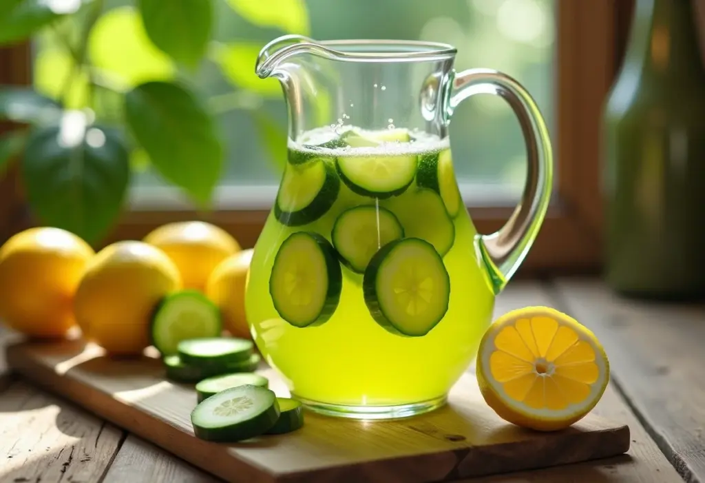Suco de abobrinha com limão servido em mesa rústica.