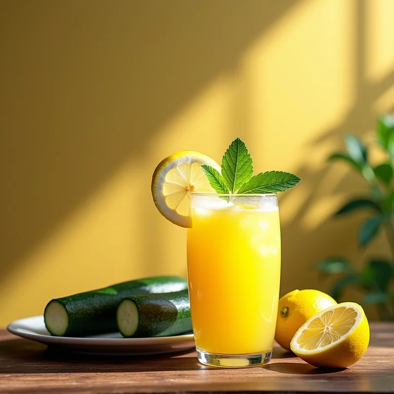 Suco de abobrinha e limão com prato de comida saudável.