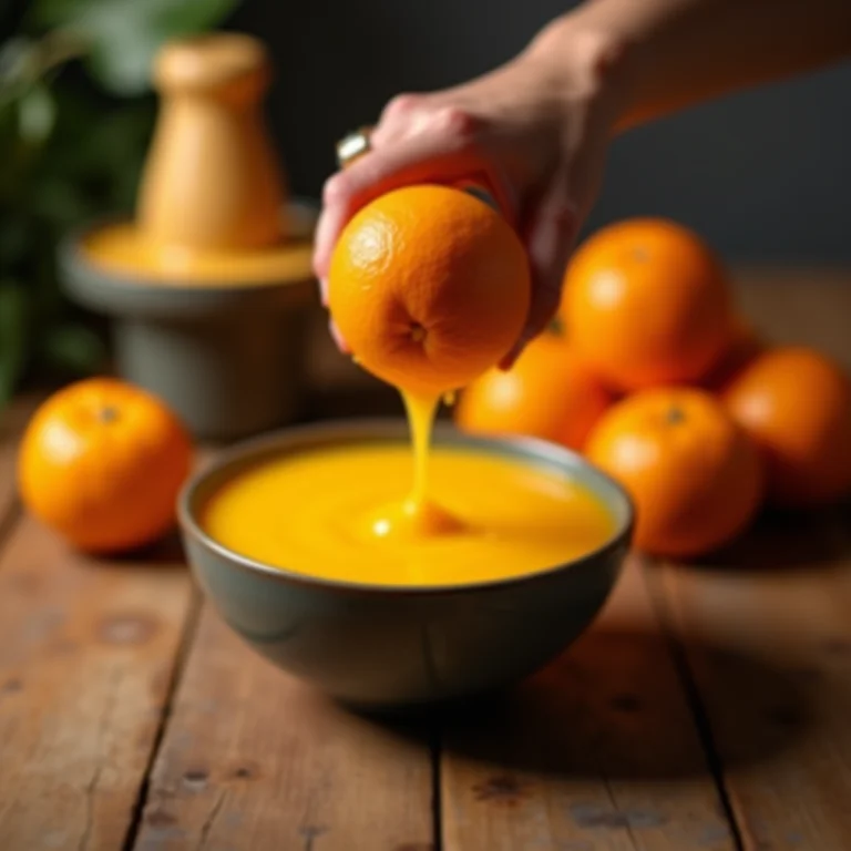 Suco de laranja sendo espremido para a receita do bolo